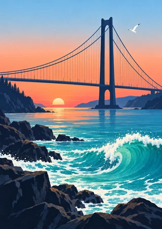 Graphic suspension bridge across a coastal inlet above a curling turquoise wave and dark rocks, with a white seabird in a coral sunset sky.