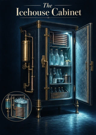 Ornate dark cooling cabinet open to reveal glass bottles and a copper-colored coil, with a circular cutaway inset and title lettering.