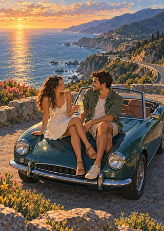 Two adults sit together on a dark green convertible at a coastal overlook, with a winding road, sea, cliffs, and sunset behind them.