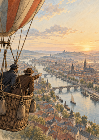 Two people in a wicker balloon basket overlook a river city with bridges and clustered rooftops at sunrise.