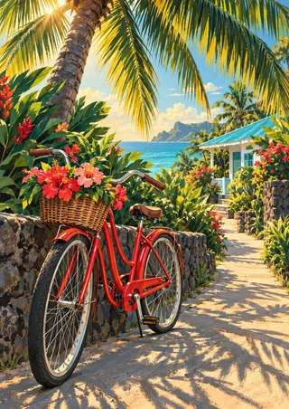 Red bicycle with a basket of flowers beside a stone garden wall and tropical palm, with a path and ocean-side building beyond.