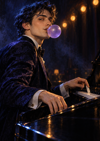 Dark-haired man in a patterned jacket blowing a violet bubble beside a glossy grand piano with warm stage bulbs behind him.