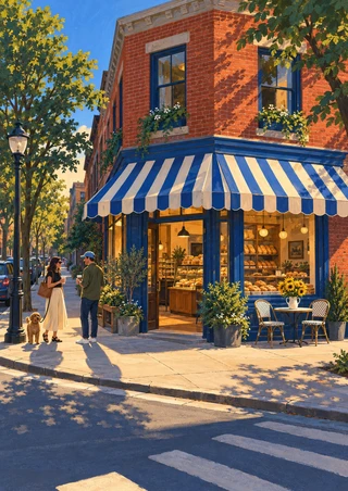 Red-brick corner bakery with blue-and-cream striped awning, warmly lit windows, outdoor café table and chairs, flowers, two people, and a dog.