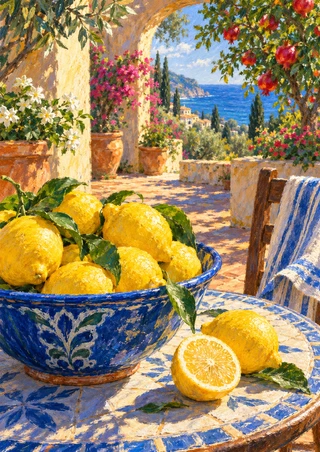 A blue patterned bowl of lemons and cut citrus on a tiled courtyard table, with a striped chair cloth, pomegranate tree, archway, and sea beyond.