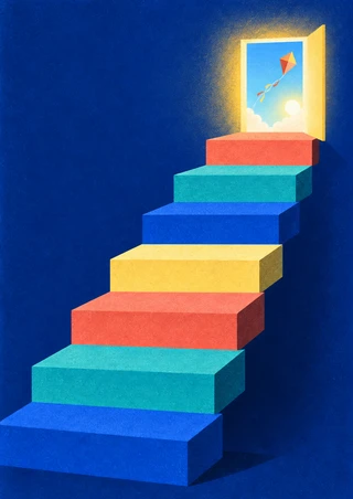 Colorful geometric steps climb diagonally toward a glowing open doorway, with a small kite inside against a deep-blue background.