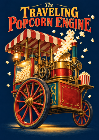 Ornate red-and-teal popcorn cart with a striped canopy, brass kettle, glass popcorn compartment, and headline lettering on a navy background.