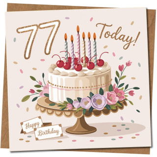 77th Birthday Card - 145mm Square - Cake, Includes Kraft Envelope