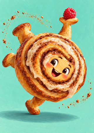 Smiling iced cinnamon-roll character tilted in a tumble, balancing a raspberry on one hand with cinnamon crumbs on a mint-teal background.