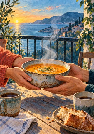 Two people pass a steaming bowl of orange soup across a wooden balcony table, with cups, bread, and a dawn sea view.