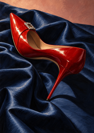 Glossy scarlet pointed-toe stiletto with a jeweled buckle lying diagonally across folded midnight-blue satin-like fabric.