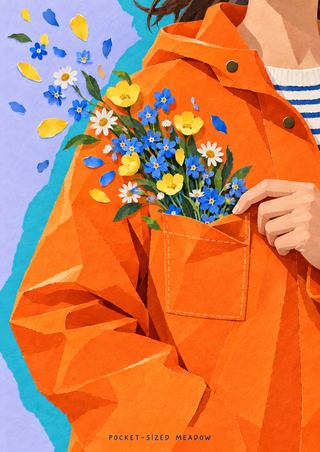 A cropped figure opens an orange coat pocket as blue, yellow, and white flowers and leaves float upward against lilac and turquoise.
