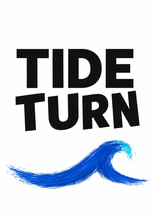 Bold black words TIDE and TURN above a textured cobalt-blue curling wave on a white poster.