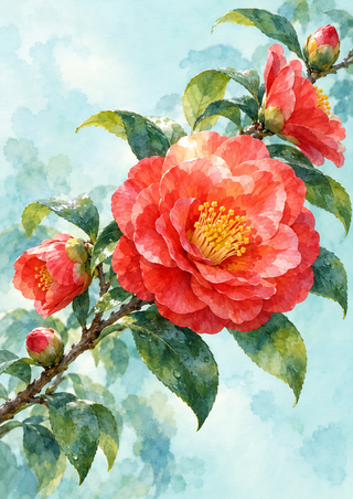 Large coral-red camellia with a golden center on a diagonal leafy branch with smaller flowers and buds against pale aqua.