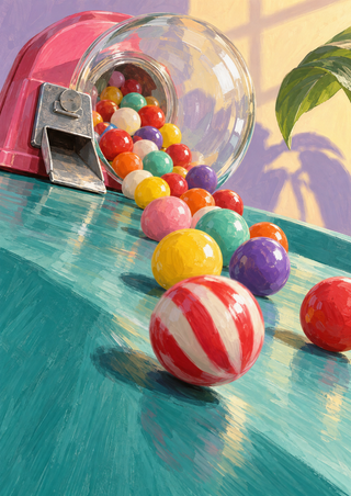 Tipped pink-based glass gumball machine spilling colorful candies onto a teal counter, with a striped candy in the foreground and a green leaf above.