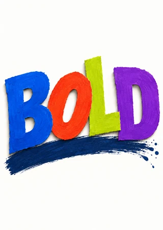 The word BOLD in large blue, red-orange, lime-green, and violet block letters above a sweeping navy brushstroke on warm white.