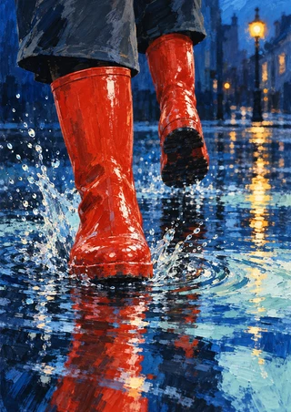 A pair of red-orange rain boots stepping through a blue city puddle, with a splash, trouser hems, and distant amber streetlights.