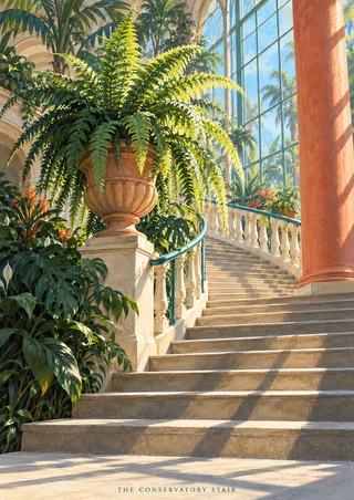 A potted fern on a conservatory landing above broad stairs, beside a curved teal handrail and glass windows.