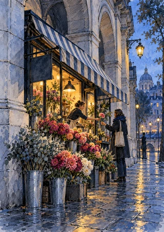 Flower kiosk beneath a striped awning in a stone arcade, where two people exchange a flower amid colorful buckets and rainy street reflections.