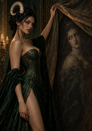 Dark-haired woman in a dark green gown lifting a sheer curtain, with asymmetric horns and a faint face-like image behind the veil.
