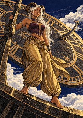 Horned barefoot woman holding a long dark staff before a huge gold-and-blue astronomical clock under a clouded sky.