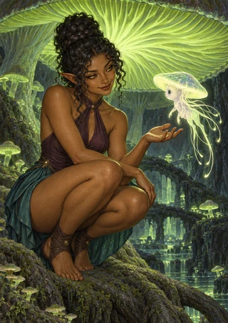 Pointed-eared woman crouching beneath a huge green mushroom cap with a small glowing sprite above her hand.