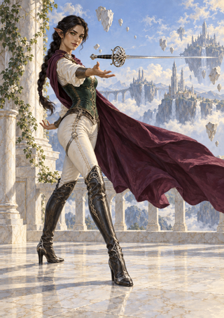 Pointed-eared woman in a plum cape beside a horizontally suspended rapier on a terrace with floating rocks and castles.
