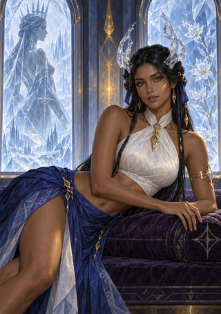 Dark-haired woman in white and deep blue seated before crystalline arched windows, with a female silhouette in the left panel.