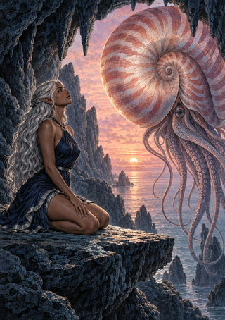 Silver-haired elf-like woman kneeling in a dark sea cave opposite a huge striped spiral-shelled creature, with sunset and ocean beyond.