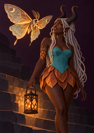 Horned woman with pale braids holding a glowing lantern beside a large luminous moth on stone steps.