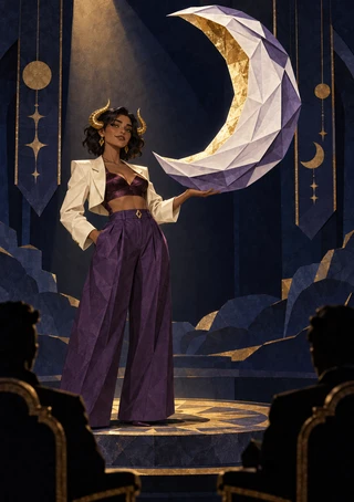 Horned woman gesturing beneath a large faceted crescent moon as audience silhouettes watch from a dark hall.