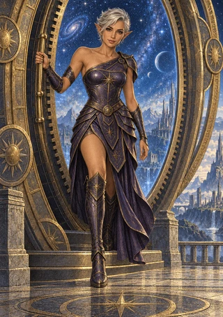 Pointed-eared woman in purple-and-gold armor stepping through a large circular gateway, with a starry galaxy and distant city beyond.