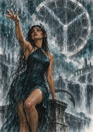 Horned, pointed-eared woman reaching upward through rain beneath an oversized translucent clock, with ruined arches behind her.