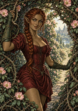 A red-haired, pointed-eared woman in a burgundy dress stands in a flowered thorny archway overlooking a path and distant castle.