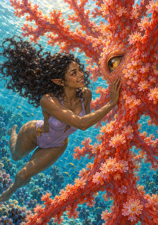 Pointed-eared woman in lavender swimming beside a large coral-covered form with an amber eye, surrounded by branching coral and small fish.