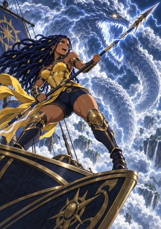 Armored woman on a ship raising a spear toward a luminous serpentine cloud creature amid blue lightning.