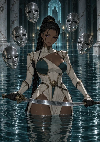 Anime-style woman holding a sword in a flooded arched hall, surrounded by four floating silver masks.