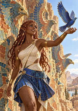 Pointed-eared woman in a blue-and-white tiled outfit reaching toward a blue bird, with large bird mosaics and sunlit stone architecture behind her.
