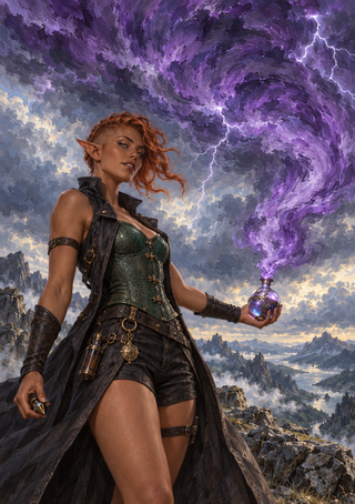 Pointed-eared red-haired woman holding a glowing purple vial beneath a spiraling storm cloud with lightning over a mountain valley.