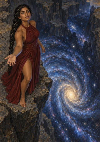 A dark-haired woman in a red gown reaches outward from a rocky ledge above a luminous spiral galaxy in a deep ravine.