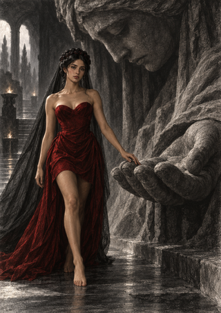 A woman in a deep red gown stands beside a colossal bowed stone face and open hand in a cavern with a reflective floor.