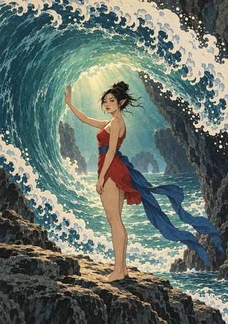 Pointed-eared woman in red standing beneath a curling teal wave on a rocky shore with sea cliffs beyond.