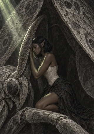 Dark-haired pointed-eared woman kneeling among massive weathered stone forms in a dim enclosed setting.