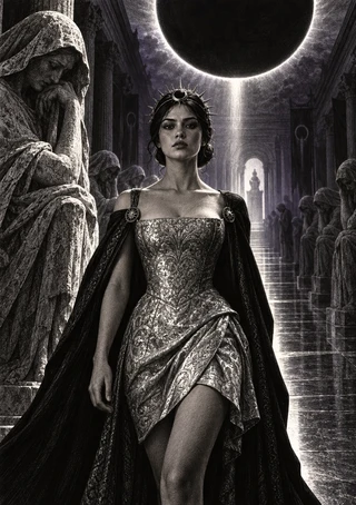 Woman in an ornate silver-patterned dress and dark cape stands beneath a black eclipse in a hall lined with hooded stone figures.
