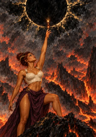 Woman reaches toward a glowing point beneath a huge black, gold-edged disk above volcanic peaks and lava.