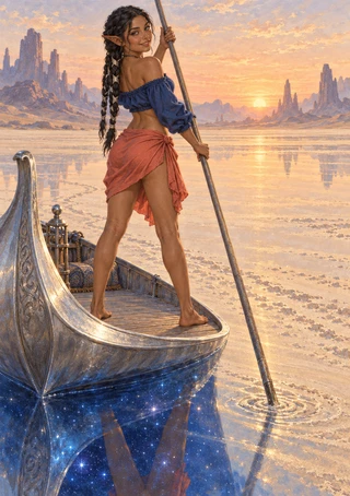 Pointed-eared woman poles a narrow boat across a reflective golden desert beneath a sunset and distant mesas.