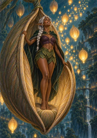 Silver-braided, pointed-eared woman stands inside a giant open seedpod among glowing golden lights in a dark forest.