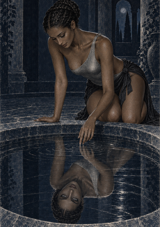 Dark-haired woman kneeling beside a circular stone cistern, reaching toward her reflection beneath a moonlit arched window.