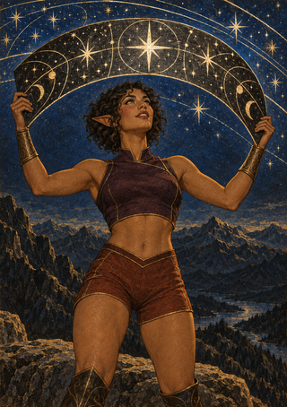 Pointed-eared woman holding a broad gold-lined star-map arch above a rugged mountain landscape.
