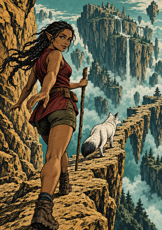Pointed-eared woman with a staff walking a rocky cliff path with a white fox, floating crags, and a distant fortress.