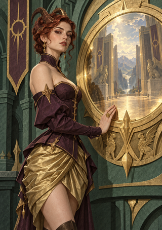 Red-haired woman in a plum-and-gold gown touching an ornate circular portal that reveals a sunlit city and mountains.